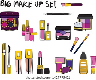 Vector fashion illustration - Hand drawn make up set. Set of mascara, lipstick, eye shadows, brush, powder, lip gloss, perfume. Beauty Make up Fashion Girl Day Doodle Icons Hand Made