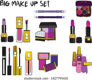 Vector fashion illustration - Hand drawn make up set. Set of mascara, lipstick, eye shadows, brush, powder, lip gloss, perfume. Beauty Make up Fashion Girl Day Doodle Icons Hand Made