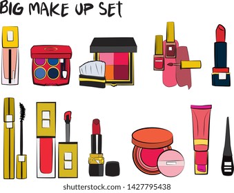 Vector fashion illustration - Hand drawn make up set. Set of mascara, lipstick, eye shadows, brush, powder, lip gloss, perfume. Beauty Make up Fashion Girl Day Doodle Icons Hand Made