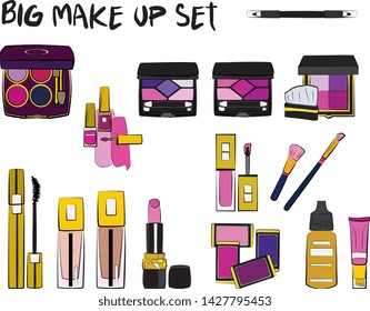 Vector fashion illustration - Hand drawn make up set. Set of mascara, lipstick, eye shadows, brush, powder, lip gloss, perfume. Beauty Make up Fashion Girl Day Doodle Icons Hand Made