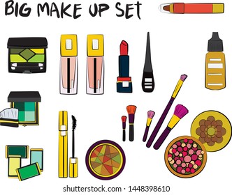 Vector fashion illustration - Hand drawn make up set. Set of mascara, lipstick, eye shadows, brush, powder, lip gloss, perfume. Beauty Make up Fashion Girl Day Doodle Icons Hand Made