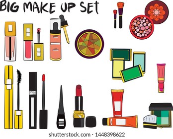 Vector fashion illustration - Hand drawn make up set. Set of mascara, lipstick, eye shadows, brush, powder, lip gloss, perfume. Beauty Make up Fashion Girl Day Doodle Icons Hand Made