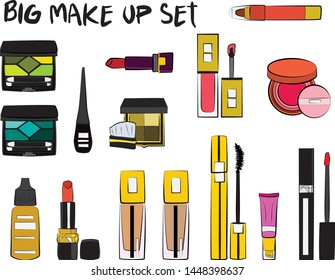 Vector fashion illustration - Hand drawn make up set. Set of mascara, lipstick, eye shadows, brush, powder, lip gloss, perfume. Beauty Make up Fashion Girl Day Doodle Icons Hand Made