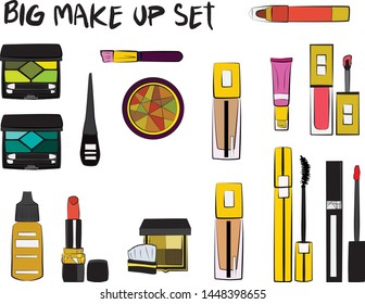 Vector fashion illustration - Hand drawn make up set. Set of mascara, lipstick, eye shadows, brush, powder, lip gloss, perfume. Beauty Make up Fashion Girl Day Doodle Icons Hand Made