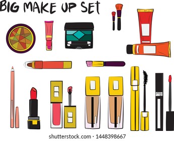 Vector fashion illustration - Hand drawn make up set. Set of mascara, lipstick, eye shadows, brush, powder, lip gloss, perfume. Beauty Make up Fashion Girl Day Doodle Icons Hand Made