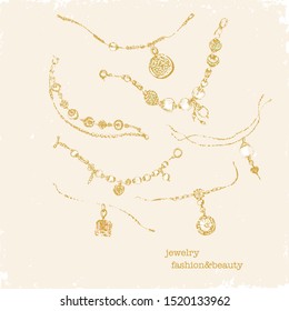 Vector fashion illustration. Hand drawn golden jewelry with gems and pearls. Charm bracelets, chains, necklaces.