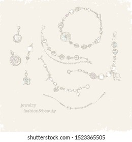 Vector fashion illustration. Hand drawn silver jewelry with gems and pearls. Bracelets with charms and pendants.