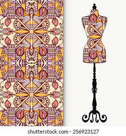 Vector fashion illustration, hand drawn seamless geometric pattern. Vector vintage tailor's dummy for female body, isolated elements for invitation card design.