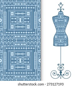 Vector fashion illustration, hand drawn seamless lace geometric pattern. Vector vintage tailor's dummy for female body, isolated elements for invitation card design.