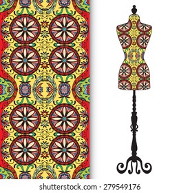 Vector fashion illustration, hand drawn seamless geometric pattern. Vector vintage tailor's dummy for female body, isolated elements for invitation card design.