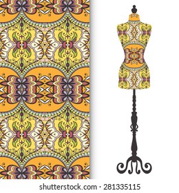 Vector fashion illustration, hand drawn seamless geometric pattern. Vector vintage tailor's dummy for female body, isolated elements for invitation card design.