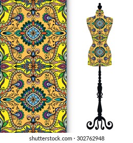Vector fashion illustration, hand drawn seamless floral and geometric pattern. Vector vintage tailor's dummy for female body, isolated elements for invitation card design, fabric texture