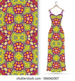 Vector fashion illustration. Hand drawn vertical seamless pattern and beautiful women's dress model on a hanger. Isolated elements for fabric, scrapbook, invitation cards. Colorful doodle background