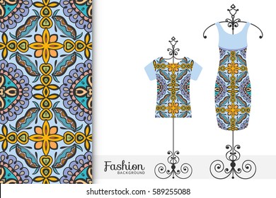 Vector fashion illustration. Hand drawn vertical seamless pattern and women's dress model on a hanger. Colorful doodle geometric background. Isolated design elements for fabric textile or paper print