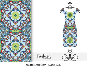 Vector fashion illustration. Hand drawn vertical seamless pattern and beautiful women's dress model on a hanger. Isolated elements for fabric, scrapbook, invitation cards. Colorful doodle background