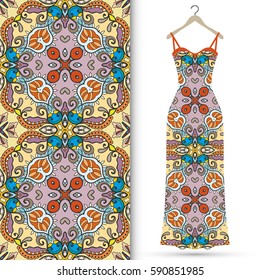 Vector fashion illustration. Hand drawn vertical seamless pattern and beautiful women's dress model on a hanger. Isolated elements for fabric, scrapbook, invitation cards. Colorful doodle background