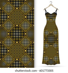 Vector fashion illustration. Hand drawn vertical seamless pattern and beautiful women's golden lace dress model on a hanger. Isolated elements for fabric, scrapbook, invitation cards