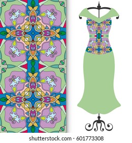 Vector fashion illustration. Hand drawn vertical seamless pattern and beautiful women's dress model on a hanger. Isolated elements for fabric, scrapbook, invitation cards. Colorful doodle background