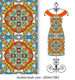 Vector fashion illustration. Hand drawn vertical seamless pattern and beautiful women's dress model on a hanger. Isolated elements for fabric, scrapbook, invitation cards. Colorful doodle background