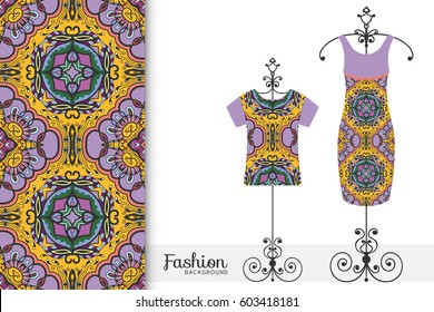 Vector fashion illustration. Hand drawn vertical seamless pattern and women's dress model on a hanger. Colorful doodle geometric background. Isolated design elements for fabric textile or paper print