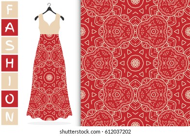 Vector fashion illustration. Hand drawn seamless line pattern and beautiful women's lace dress model on a hanger. Isolated elements for fabric, scrapbook, invitation card. Colorful doodle background