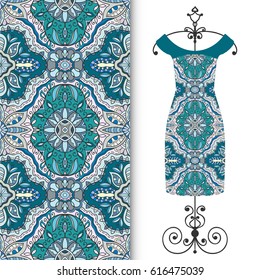 Vector fashion illustration. Hand drawn vertical seamless pattern and beautiful women's dress model on a hanger. Isolated elements for fabric, scrapbook, invitation cards. Colorful doodle background