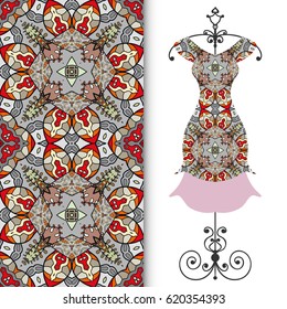 Vector fashion illustration. Hand drawn vertical seamless pattern and beautiful women's dress model on a hanger. Isolated elements for fabric, scrapbook, invitation cards. Colorful doodle background