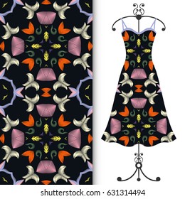 Vector fashion illustration. Hand drawn vertical seamless embroidery stitches border pattern and beautiful women's dress model on a hanger. Isolated elements for fabric textile or paper print