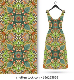 Vector fashion illustration. Hand drawn vertical seamless pattern and beautiful women's dress model on a hanger. Isolated elements for fabric, scrapbook, invitation cards. Colorful doodle background