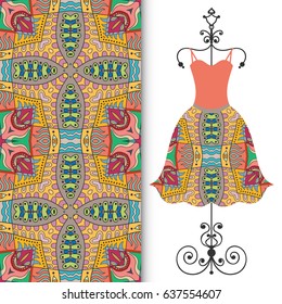 Vector fashion illustration. Hand drawn vertical seamless pattern and beautiful women's dress model on a hanger. Isolated elements for fabric, scrapbook, invitation cards. Colorful doodle background