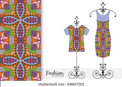 Vector fashion illustration. Hand drawn vertical seamless pattern and women's dress model on a hanger. Colorful doodle geometric background. Isolated design elements for fabric textile or paper print