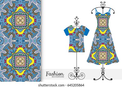 Vector fashion illustration. Hand drawn vertical seamless pattern and women's dress model on a hanger. Colorful doodle geometric background. Isolated design elements for fabric textile or paper print