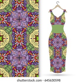 Vector fashion illustration. Hand drawn vertical seamless pattern and beautiful women's dress model on a hanger. Isolated elements for fabric, scrapbook, invitation cards. Colorful doodle background