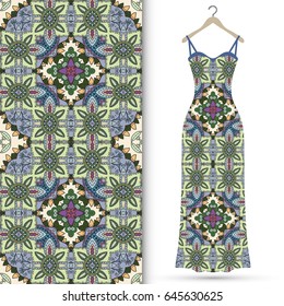 Vector fashion illustration. Hand drawn vertical seamless pattern and beautiful women's dress model on a hanger. Isolated elements for fabric, scrapbook, invitation cards. Colorful doodle background