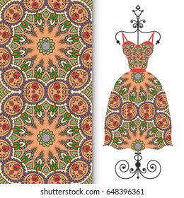 Vector fashion illustration. Hand drawn vertical seamless pattern and beautiful women's dress model on a hanger. Isolated elements for fabric, scrapbook, invitation cards. Colorful doodle background