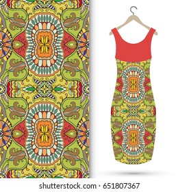 Vector fashion illustration. Hand drawn vertical seamless pattern and beautiful women's dress model on a hanger. Isolated elements for fabric, scrapbook, invitation cards. Colorful doodle background