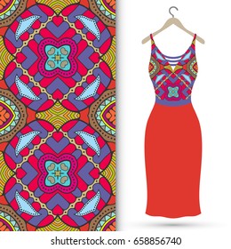 Vector fashion illustration. Hand drawn vertical seamless pattern and beautiful women's dress model on a hanger. Isolated elements for fabric, scrapbook, invitation cards. Colorful doodle background