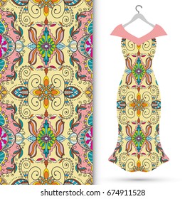 Vector fashion illustration. Hand drawn vertical seamless pattern and beautiful women's dress model on a hanger. Isolated elements for fabric, scrapbook, invitation cards. Colorful doodle background