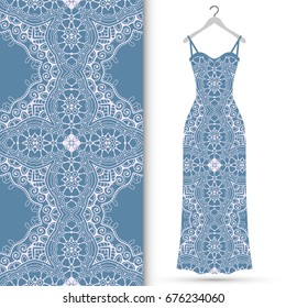 Vector fashion illustration. Hand drawn seamless lace pattern and beautiful women's dress model on a hanger. Isolated elements for fabric, scrapbook, invitation cards. Colorful doodle background