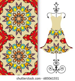 Vector fashion illustration. Hand drawn vertical seamless pattern and beautiful women's dress model on a hanger. Isolated elements for fabric, scrapbook, invitation cards. Colorful doodle background