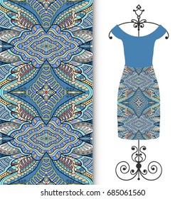 Vector fashion illustration. Hand drawn vertical seamless pattern and beautiful women's dress model on a hanger. Isolated elements for fabric, scrapbook, invitation cards. Colorful doodle background