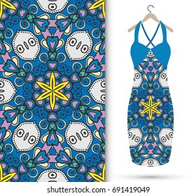 Vector fashion illustration. Hand drawn vertical seamless pattern and beautiful women's dress model on a hanger. Isolated elements for fabric, scrapbook, invitation cards. Colorful doodle background