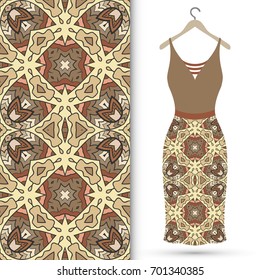 Vector fashion illustration. Hand drawn vertical seamless pattern and beautiful women's dress model on a hanger. Isolated elements for fabric, scrapbook, invitation cards. Colorful doodle background