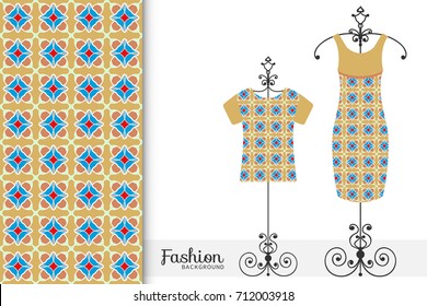 Vector fashion illustration. Hand drawn vertical seamless pattern, t-shirt and women's dress model on a hanger. Isolated design elements for fabric textile or paper print, invitation card design