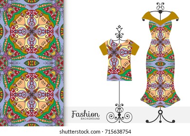 Vector fashion illustration. Hand drawn vertical seamless pattern, t-shirt and women's dress model on a hanger. Isolated design elements for fabric textile or paper print, invitation card design