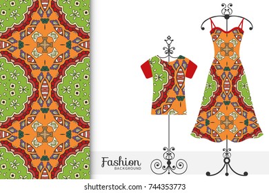 Vector fashion illustration. Hand drawn vertical seamless pattern, t-shirt and women's dress model on a hanger. Isolated design elements for fabric textile or paper print, invitation card design