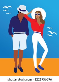 Vector fashion illustration of handsome man and pretty yong girl in summer outfit on the beach background. 