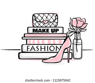 Vector fashion illustration. High heels shoes, bag, fashion magazines books. Hand drawn beautiful concept for girls.