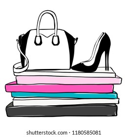 Vector fashion illustration. High heels shoes, bag, fashion magazines books. Hand drawn beautiful concept for girls. Fashionable illustration with stack of books, fashion magazines in Beauty style