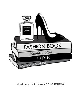Vector fashion illustration. High heels shoes, Perfume, fashion magazines books. Hand drawn beautiful concept for girls. Fashionable illustration with stack of books, fashion magazines in Beauty style